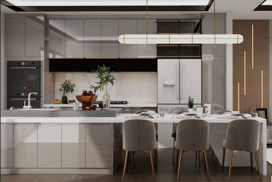 Cuisine Ebanista gris pâle avec îlot-table et électroménagers encastrés.