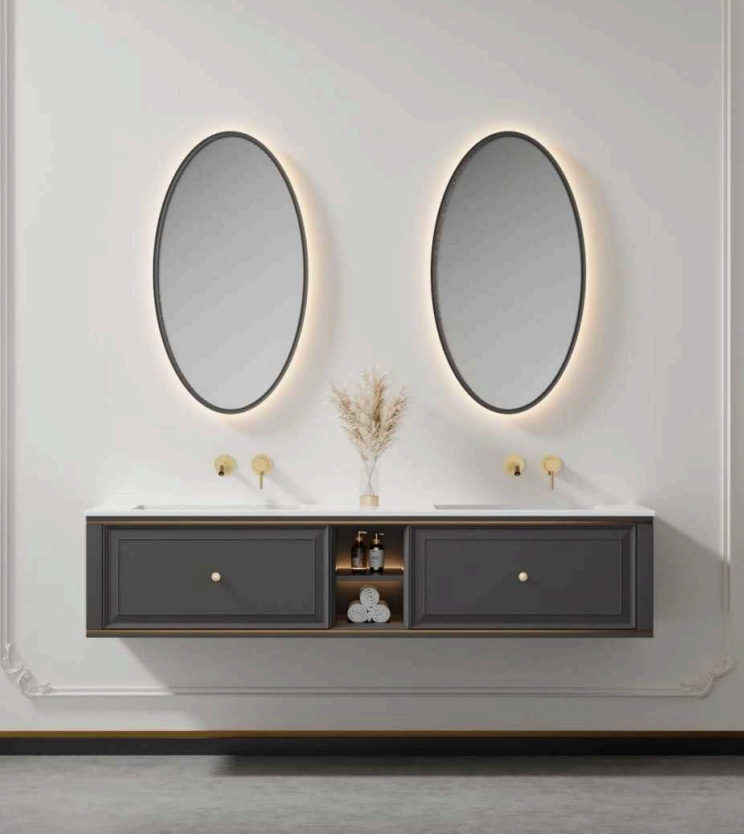 Vanité double suspendue Ebanista, façade anthracite, deux vasques et miroirs ronds éclairés.