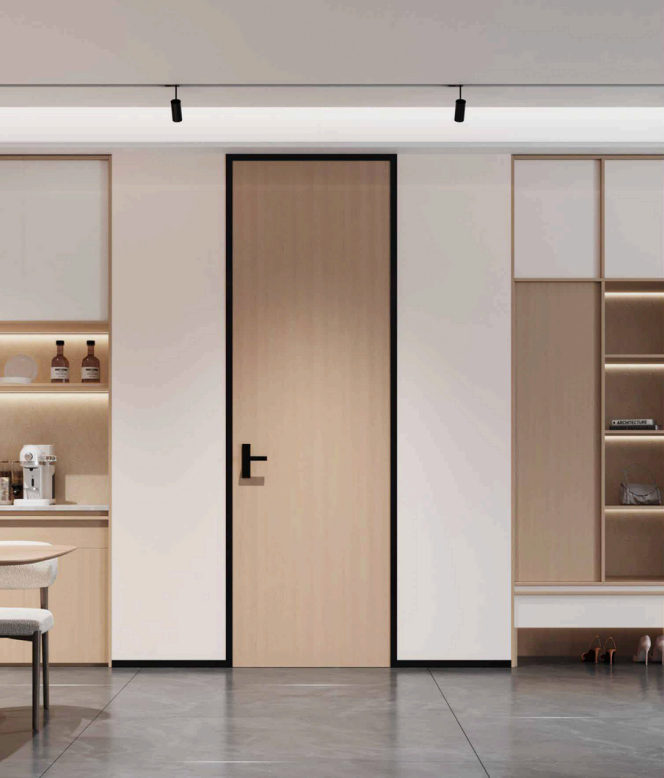 Rangement sur mesure Ebanista : colonnes toute hauteur, niches éclairées en bois et porte intégrée au mobilier.